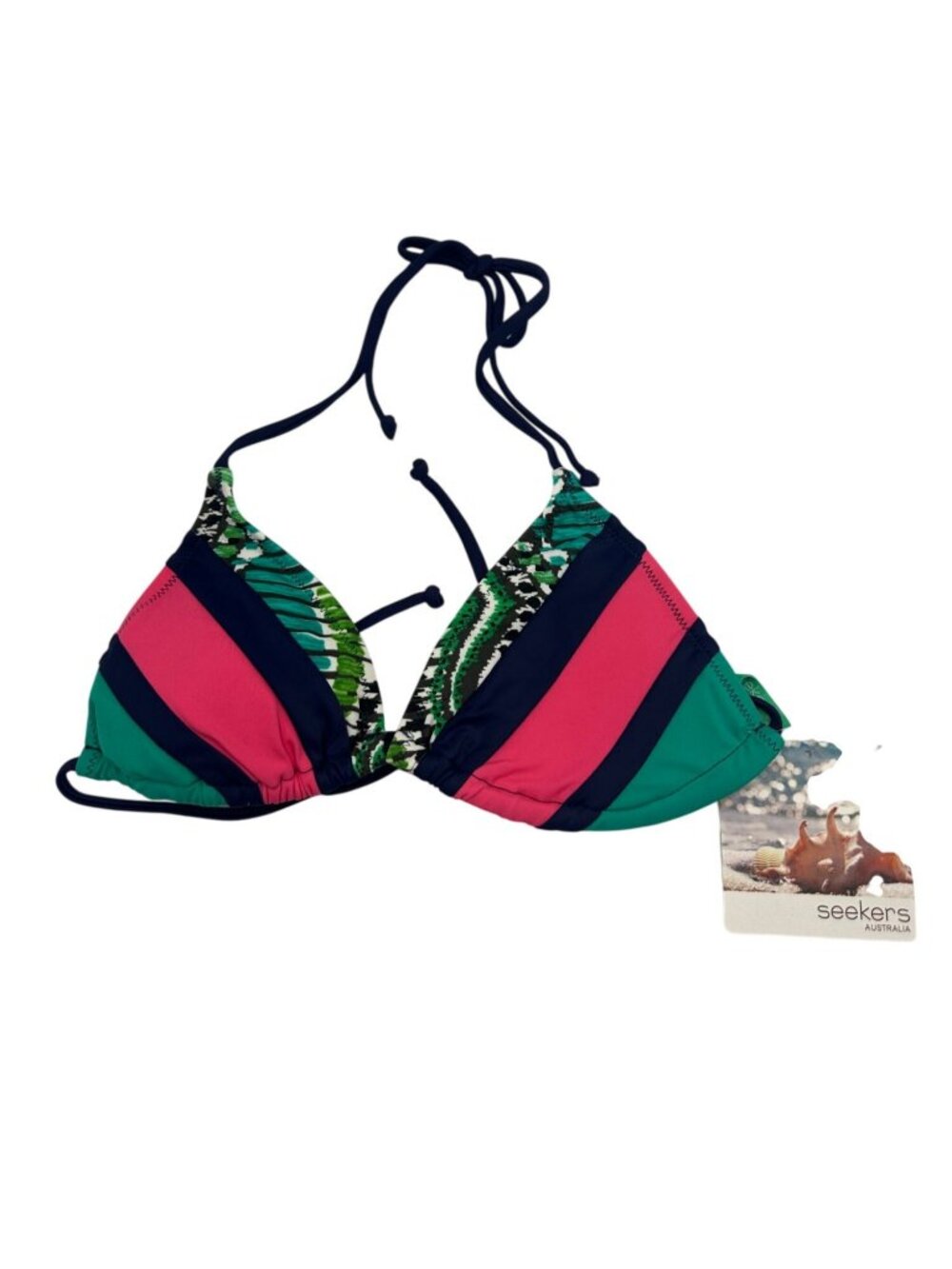 Seekers Womens Bikini Top Sz S Green Pink Navy Striped Adjustable Ties Swimwear